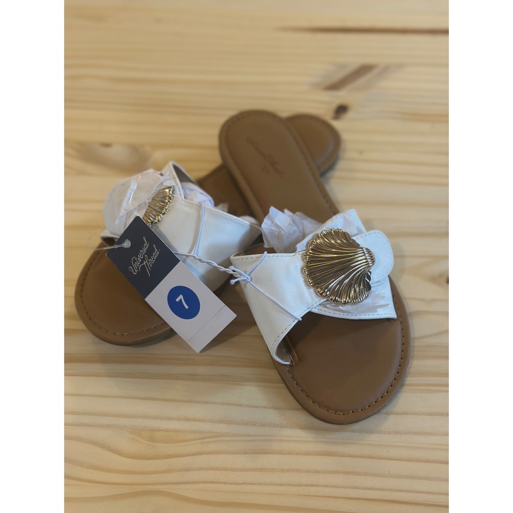 Universal Thread Nesryn White Seashell Slide Sandals Womens 7 Gold Shell Flat